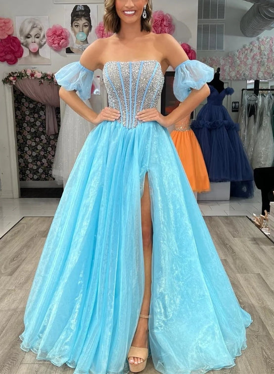 Vestido de fiesta de corte A sin tirantes, con cuentas y abertura
